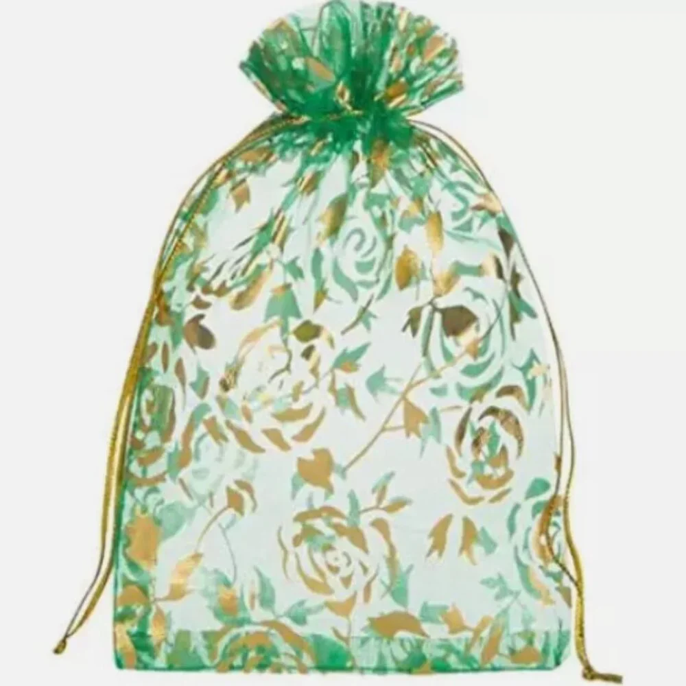100 Pack Organza Gift Bag 4x6 Green Sheer Gold Rose Drawstring Wedding Favor NEW